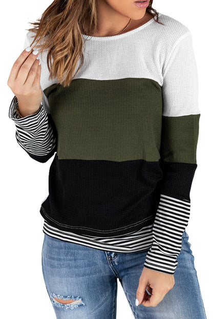 Color Block Stripes Trim Patchwork Casual Textured Long Sleeve Top