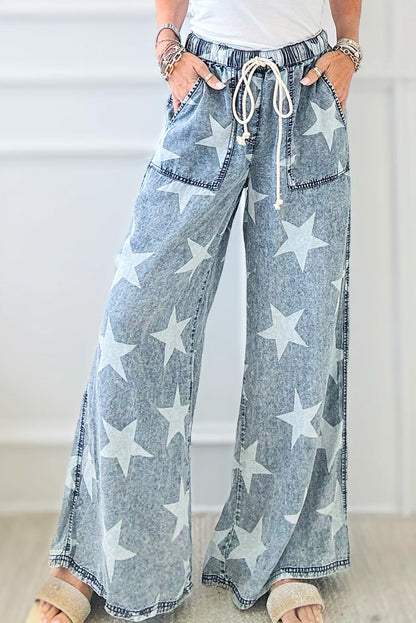 Light Blue Star Print Light Wash Drawstring High Waist Wide Leg Jeans