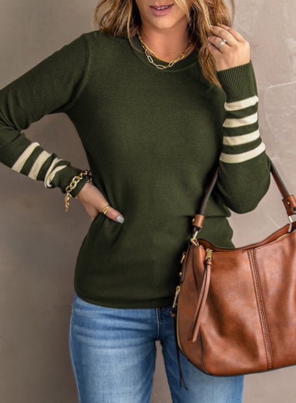 Rose Casual Crew Neck Striped Sleeve Knit Sweater