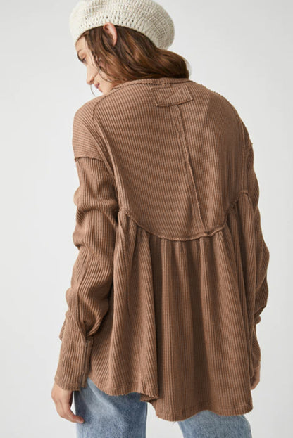 Brown Textured Exposed Seam Pullover Long Sleeve Top