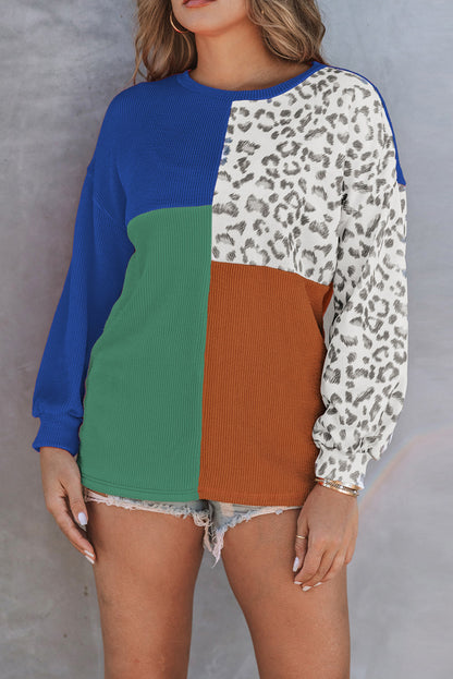 Cheetah Print Color Block Casual Pullover Long Sleeve Top