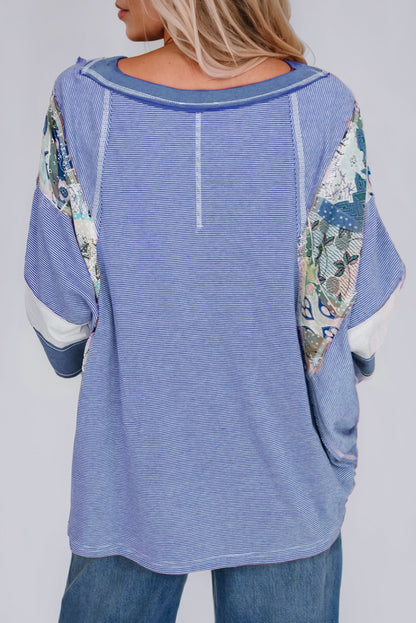 Sky Blue Striped and Floral Patchwork Oversized Top