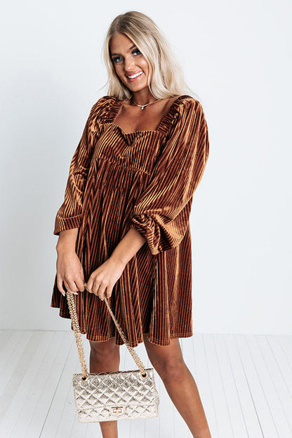 Brown Square Neck Tie Back Ribbed Velvet Babydoll Dress