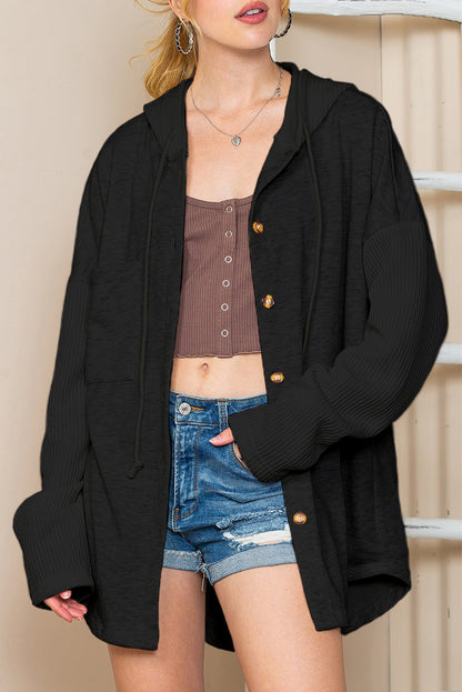 Dark Brown Button Up Crochet Knitted Sleeve Hoodie