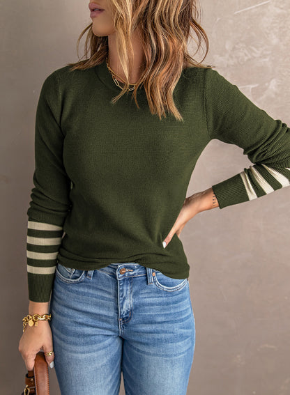 Rose Casual Crew Neck Striped Sleeve Knit Sweater