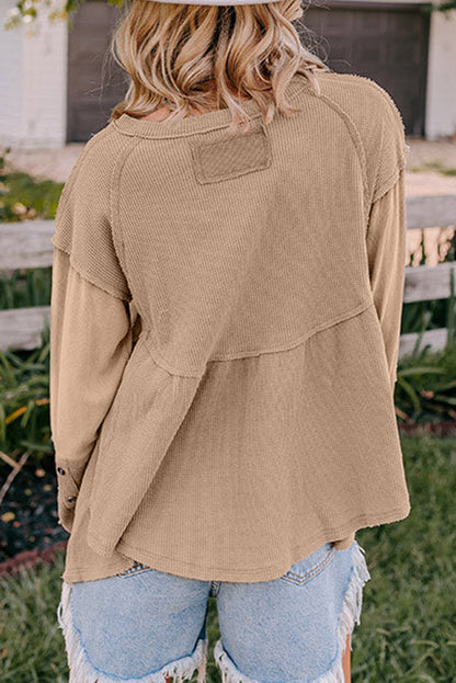 Light French Beige Waffle Patchwork Button Detail Exposed Seam Top