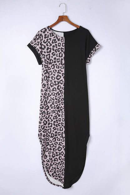 Rose Leopard Patchwork Pocket Casual T-Shirt Dress With Slits