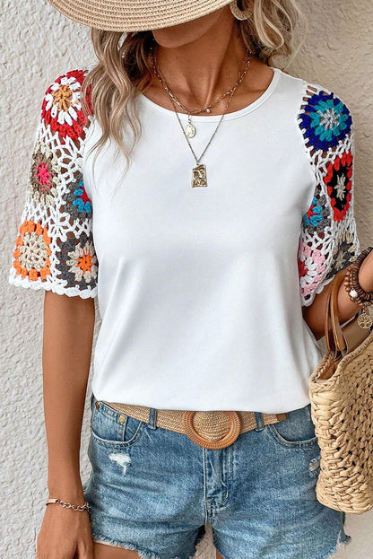 White Floral Hollowed Crochet Sleeve Boho Blouse