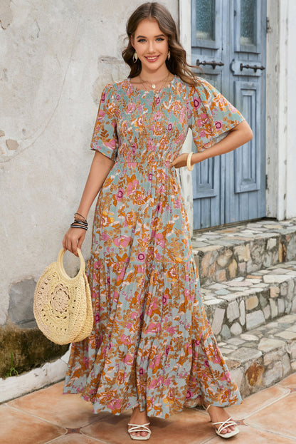 Boho Wide Sleeve Smocked Waist Floral Dress