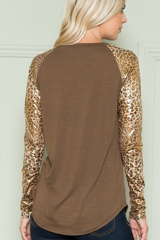 Plus Solid Top with Leopard Long Sleeves