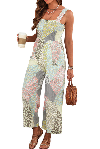 Multicolor Irregular Patchwork Print Smocked Wide Leg Jumpsuit