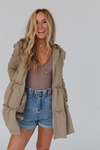 Khaki Tiered Frill Detail Zip-Up Drawstring Hoodie