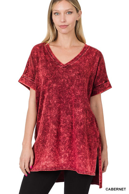 MINERAL WASH ROLLED SHORT SLEEVE V-NECK TOP