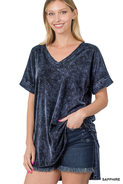 MINERAL WASH ROLLED SHORT SLEEVE V-NECK TOP