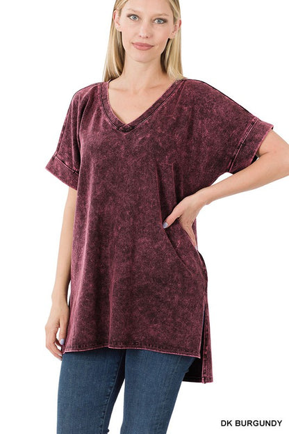 MINERAL WASH ROLLED SHORT SLEEVE V-NECK TOP