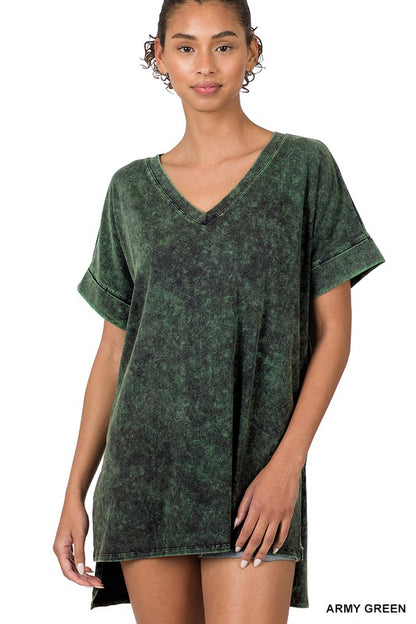 MINERAL WASH ROLLED SHORT SLEEVE V-NECK TOP