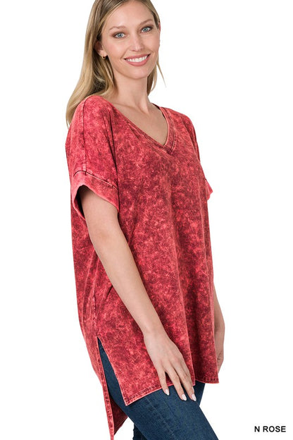 MINERAL WASH ROLLED SHORT SLEEVE V-NECK TOP