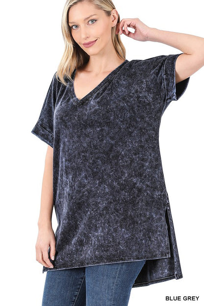 MINERAL WASH ROLLED SHORT SLEEVE V-NECK TOP