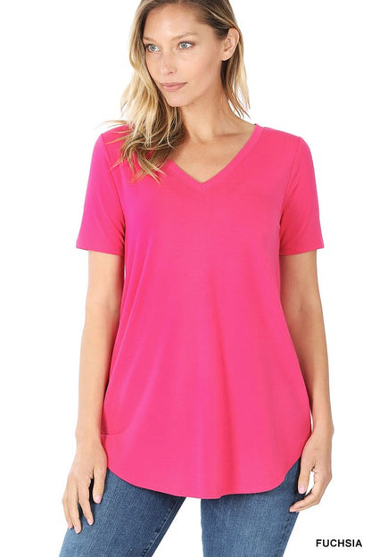 SHORT SLEEVE V-NECK ROUND HEM TOP