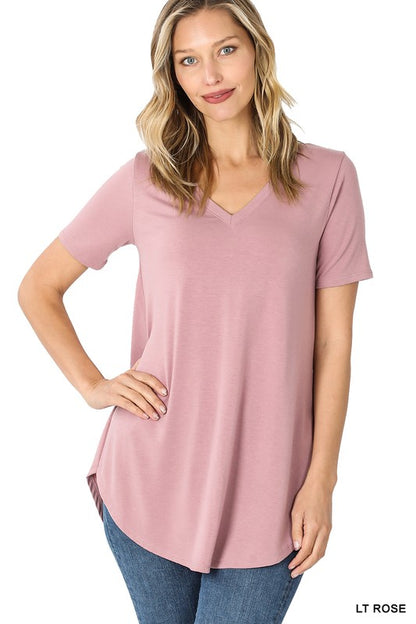 SHORT SLEEVE V-NECK ROUND HEM TOP