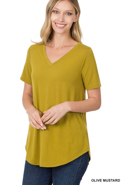 SHORT SLEEVE V-NECK ROUND HEM TOP