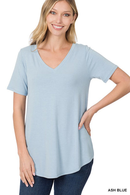 SHORT SLEEVE V-NECK ROUND HEM TOP