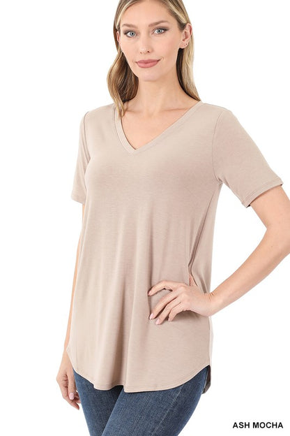 SHORT SLEEVE V-NECK ROUND HEM TOP