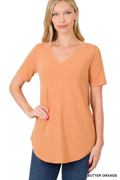 SHORT SLEEVE V-NECK ROUND HEM TOP