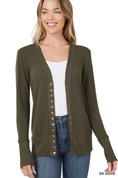 SNAP BUTTON SWEATER CARDIGAN WITH RIBBED DETAIL