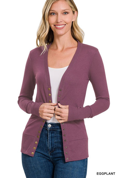 SNAP BUTTON SWEATER CARDIGAN WITH RIBBED DETAIL