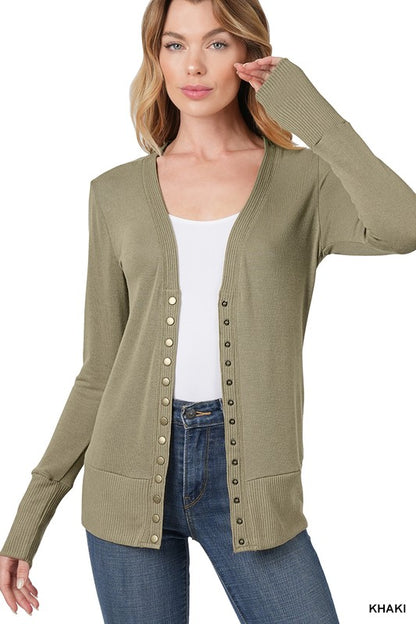 SNAP BUTTON SWEATER CARDIGAN WITH RIBBED DETAIL