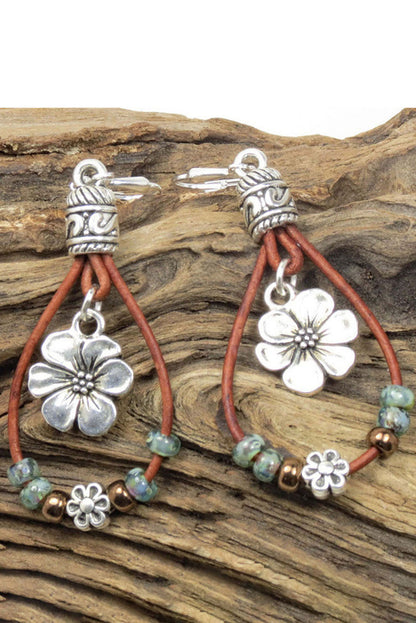 Silvery Leather Beaded Floral Dangle Earrings