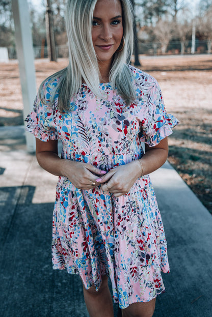 Pink Abstract Print Boho Tiered Ruffled Short Dress