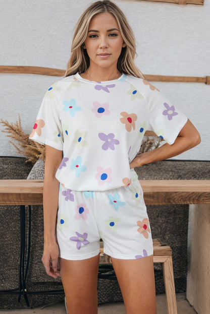 Flower Print Short Sleeve High Waist Two Piece Shorts Set