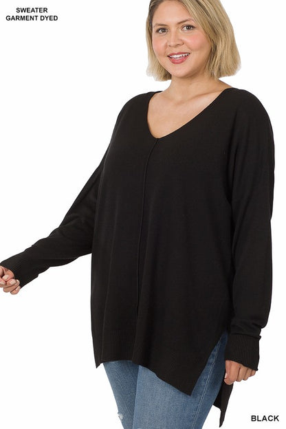 PLUS HI-LOW HEM V-NECK CENTER SEAM SWEATER