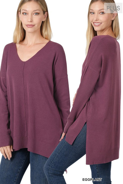 PLUS HI-LOW HEM V-NECK CENTER SEAM SWEATER