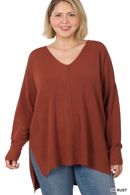 PLUS HI-LOW HEM V-NECK CENTER SEAM SWEATER