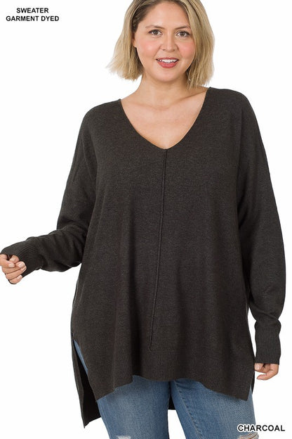 PLUS HI-LOW HEM V-NECK CENTER SEAM SWEATER