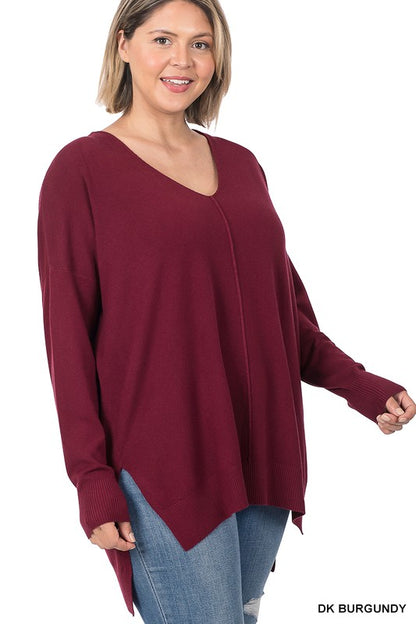 PLUS HI-LOW HEM V-NECK CENTER SEAM SWEATER