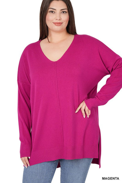 PLUS HI-LOW HEM V-NECK CENTER SEAM SWEATER