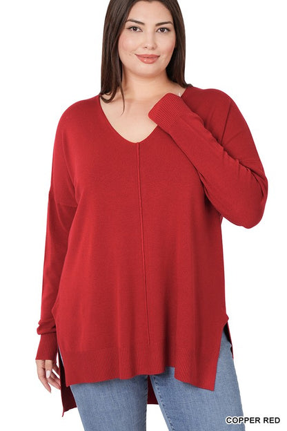 PLUS HI-LOW HEM V-NECK CENTER SEAM SWEATER