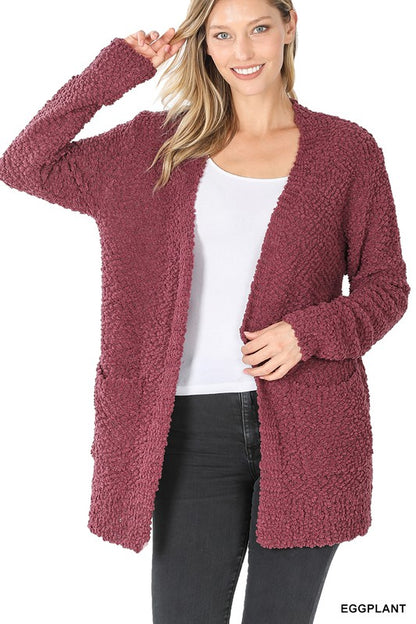 LONG SLEEVE POPCORN SWEATER CARDIGAN WITH POCKETS