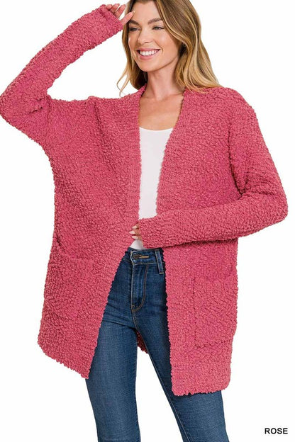 LONG SLEEVE POPCORN SWEATER CARDIGAN WITH POCKETS