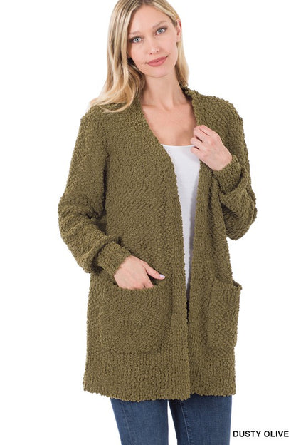 LONG SLEEVE POPCORN SWEATER CARDIGAN WITH POCKETS