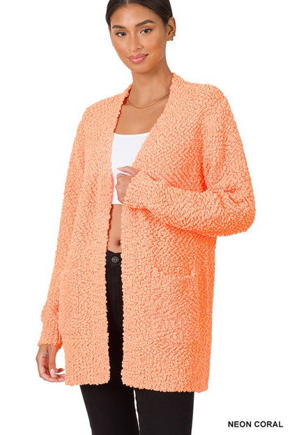 LONG SLEEVE POPCORN SWEATER CARDIGAN WITH POCKETS