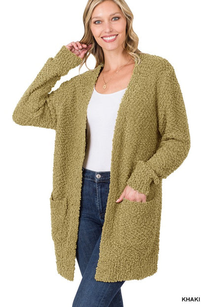 LONG SLEEVE POPCORN SWEATER CARDIGAN WITH POCKETS