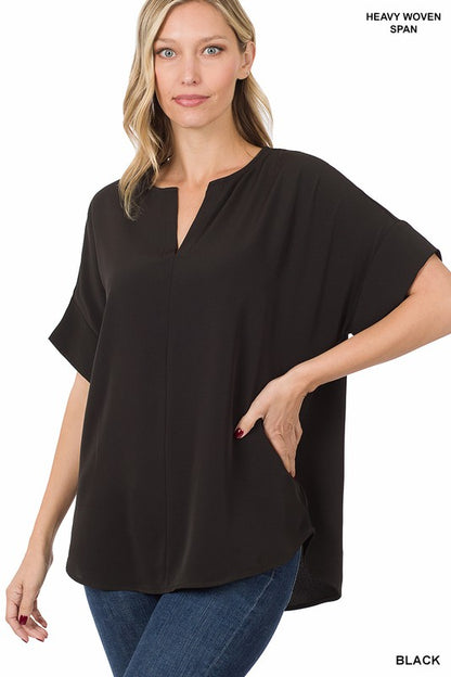 HEAVY WOVEN SPAN SPLIT NECK SHORT SLEEVE TOP