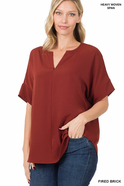 HEAVY WOVEN SPAN SPLIT NECK SHORT SLEEVE TOP