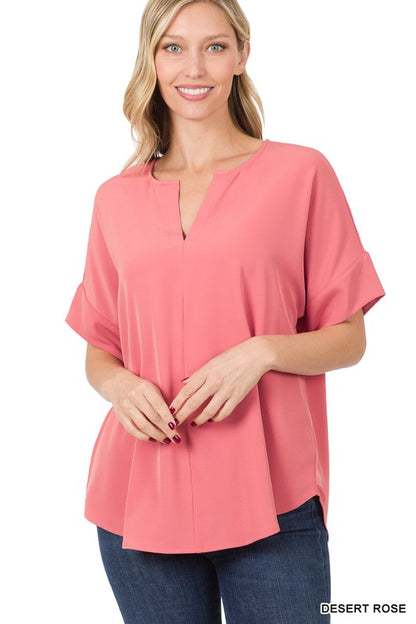 HEAVY WOVEN SPAN SPLIT NECK SHORT SLEEVE TOP