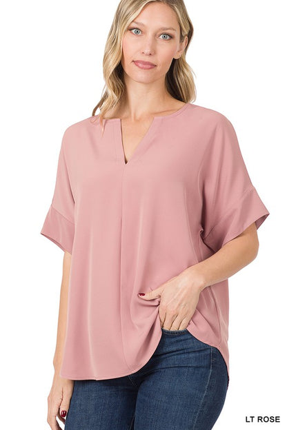 HEAVY WOVEN SPAN SPLIT NECK SHORT SLEEVE TOP